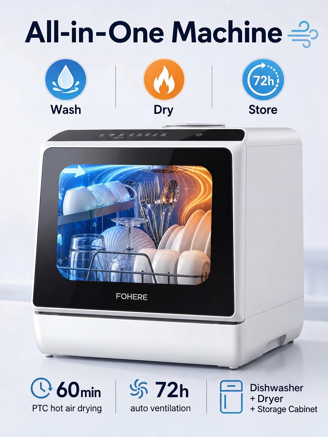 FOHERE Mini zmywarka do naczyń ze zbiornikiem 5 l, funkcja timera, przyłącze wody 2 w 1, 6 programów, wyświetlacz LED, zmywarka do naczyń i mini zmywarka do kuchni, na kemping i do przyczepy