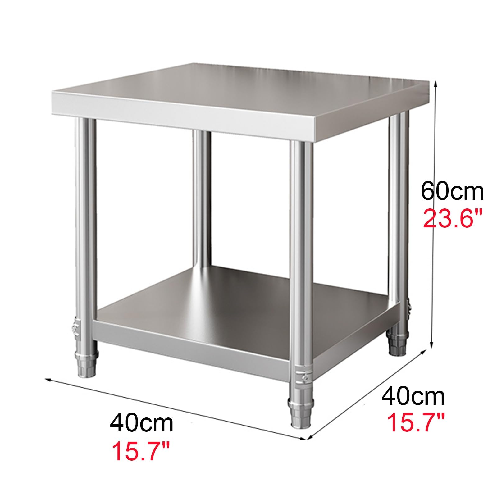 Mesa de preparación de 2 niveles de acero inoxidable resistente | Banco de trabajo comercial impermeable para restaurantes, hogares y hoteles | Mesa de trabajo de 40 x 40 x 60 cm con estante base