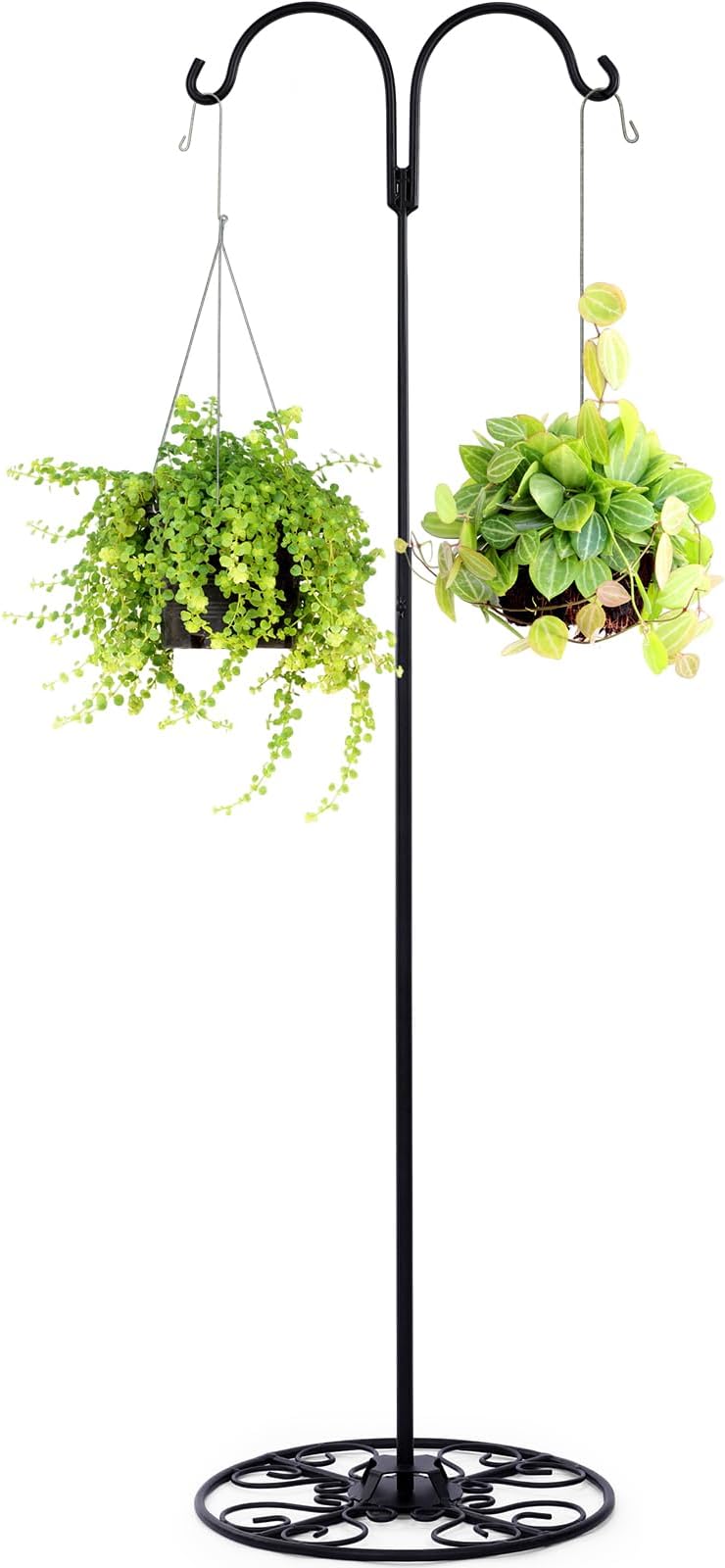 34-55 Inch Adjustable Black Iron Shepherd Hook with Base Indoor Outdoor Bird Feeder Stand Wind Chime Stand Hanging Plant Flower Basket for Garden Plants Weddings Event Home Artsy Decor