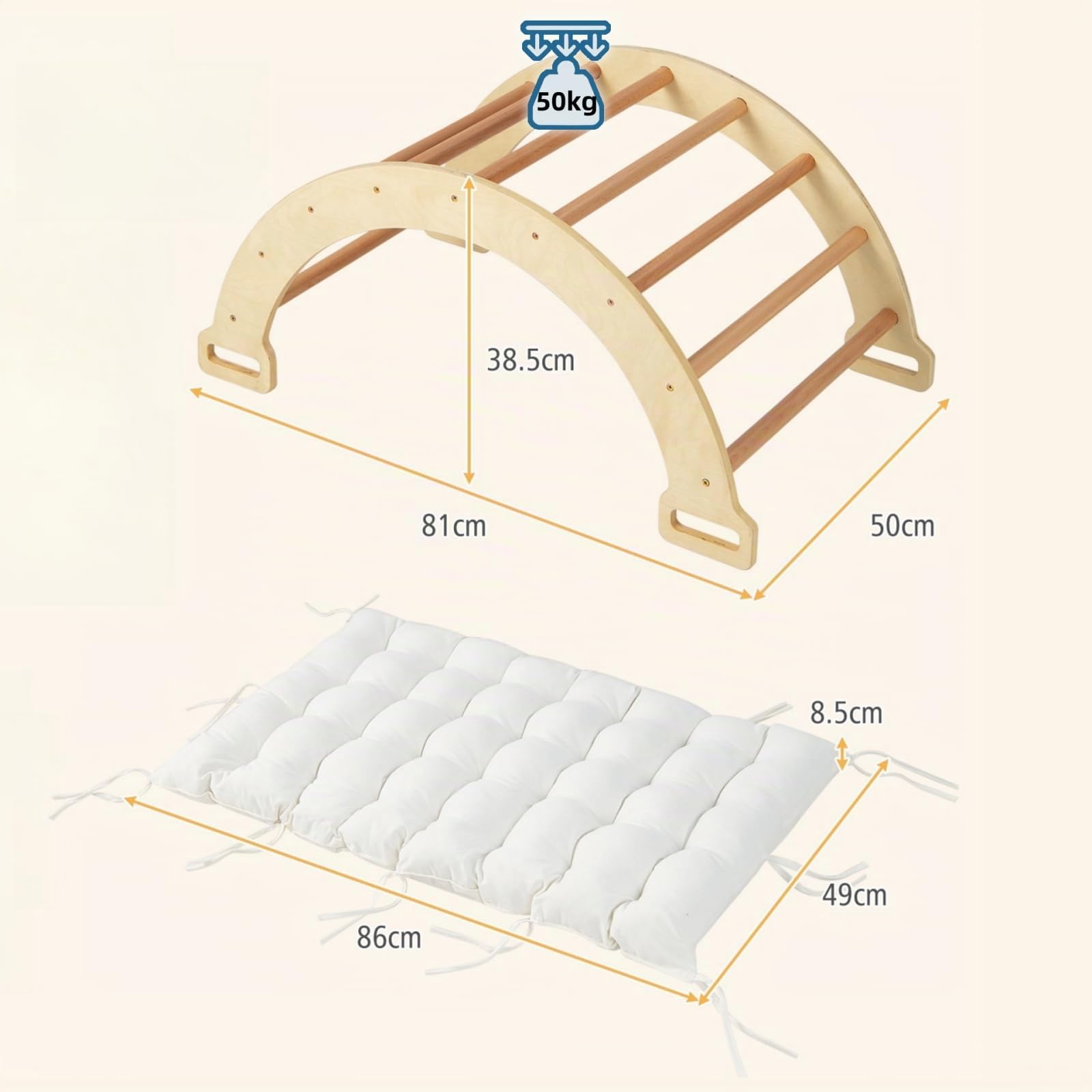 LIFEZEAL Arco de Madera para Escalar 3 en 1, Divertido Arco de Pared y Balancín para Niños, Barco Balancín con Suave Cojín de Doble Cara para Niños de 1+ Años (Natural)