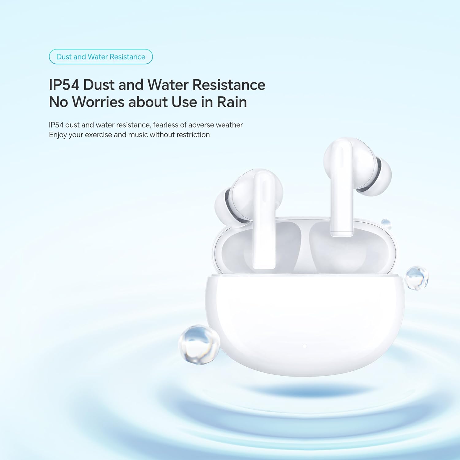 HONOR CHOICE X5 Earbuds in their charging case with water droplets, demonstrating IP54 dust and water resistance.