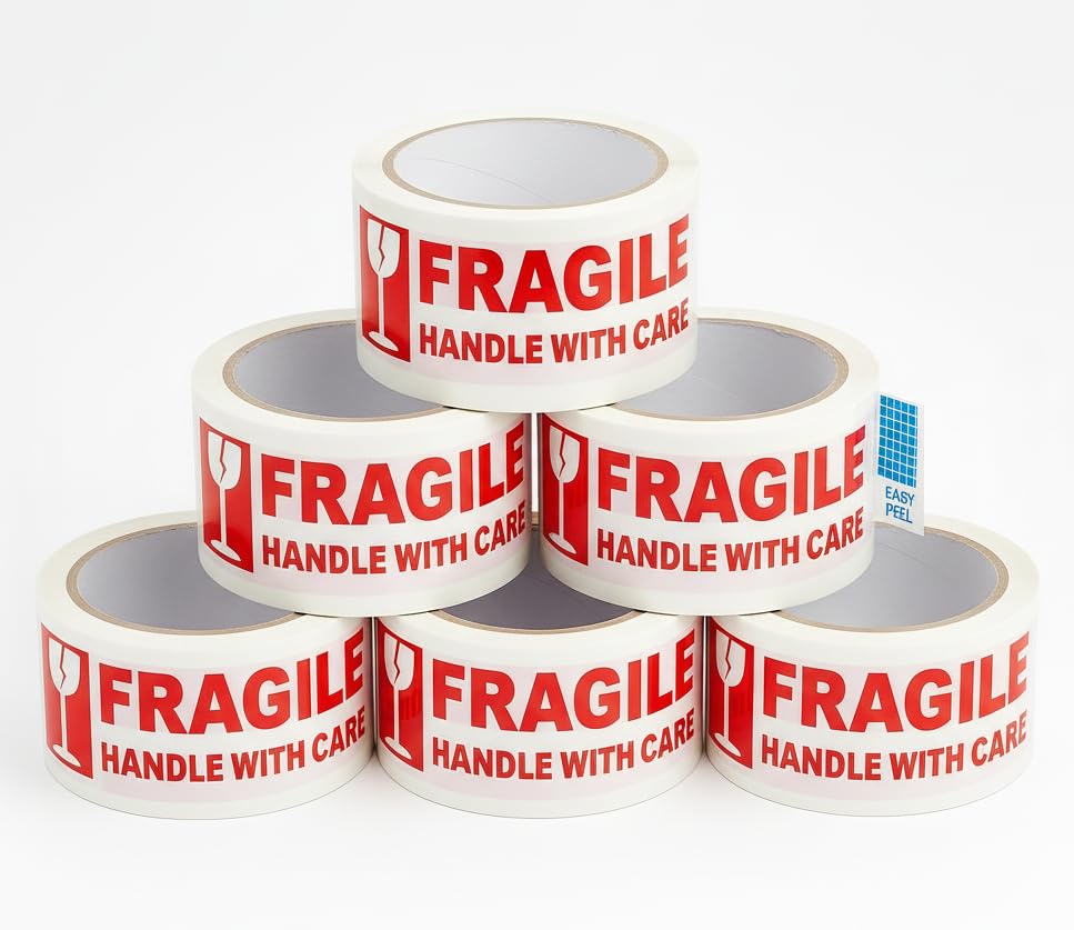 Iberplace Pack Cinta de Embalar FRAGILE 48 mm x 66 m – Pack de 6 rollos, blanco con texto rojo, adhesivo acrílico low noise, Easy Peel, precinto profesional para paquetería y mudanzas | Silenciosa