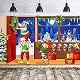 メリークリスマス 背景幕 シーン セッター バナー ウェルカム 冬 雪 装飾 クリスマス背景 壁装飾 クリスマスパーティー 装飾 ホリデータイム (グリーンクリスマスエルフ)