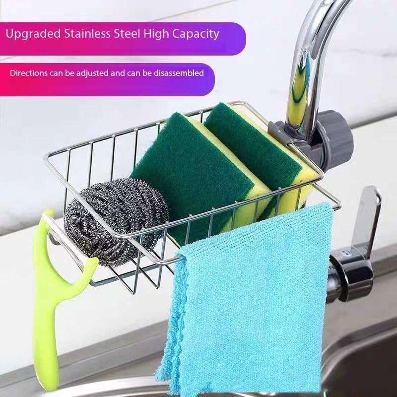 Soporte de esponja sobre el fregadero de la cocina, de acero inoxidable, desmontable para colgar grifo, organizador de drenaje para cocina y baño, soporte de esponja para fregadero 4