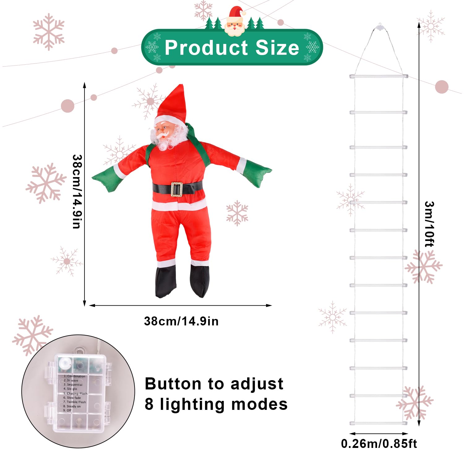 NQEUEPN Luci per Scaletta Natalizia, Luci per Scaletta da 3m con Babbo Natale Decorazioni Natalizie per Esterni Decorazioni per Scale a LED per Finestre Esterne per Interni Giardino Muro di Casa