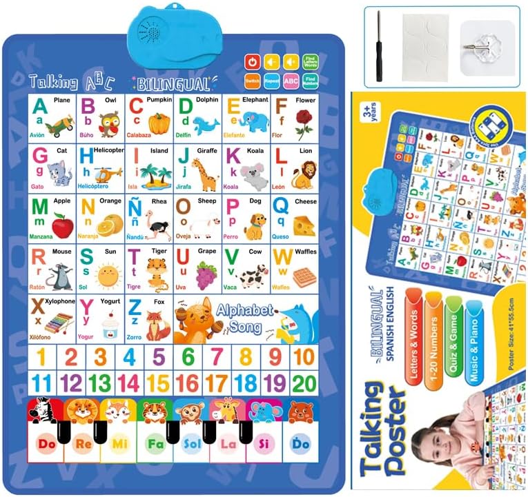 Orizon Bilingual Spanish English Alphabet Talking Poster, 5 Interactive Modes, Numbers & Piano Board, Language Learning, Ages 3+ (Blue)