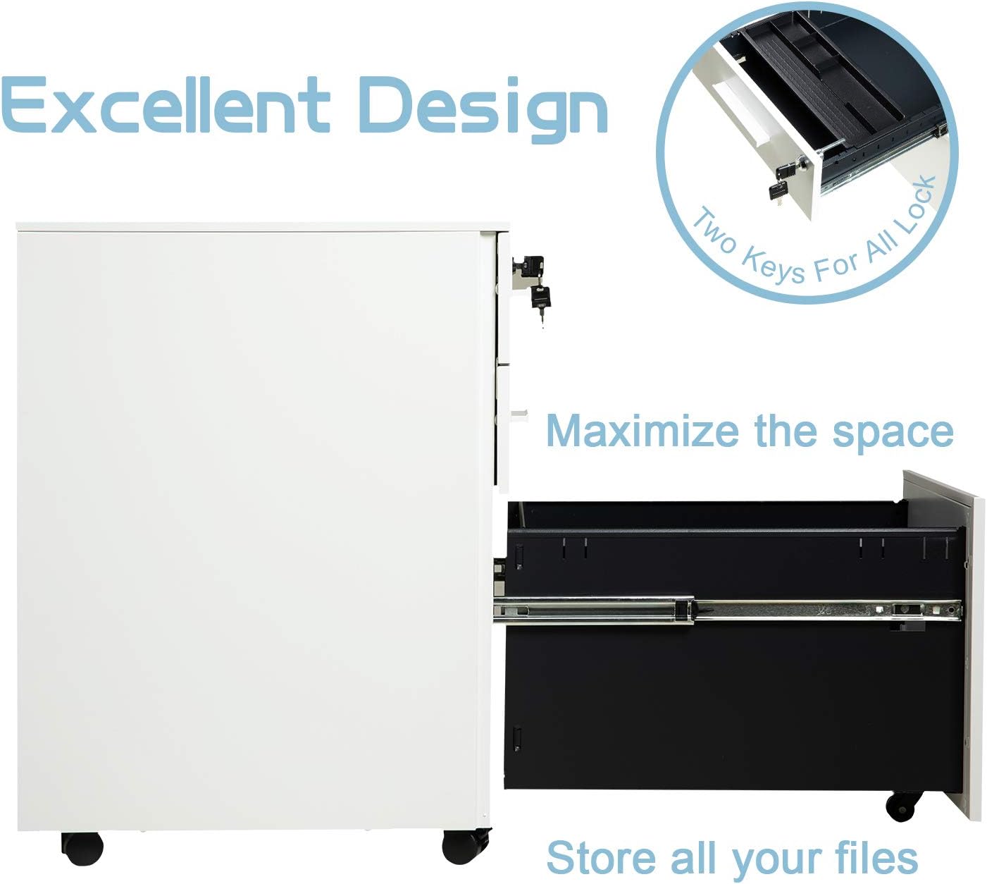 REYADE 3 Drawer Mobile File Cabinet, Metal Office Storage Cabinet with Lock and Handle, Under Desk Office Pedestal File Cabinet, Fully Assembled Except Wheels, Suitable for Legal/Letter/A4 File, White : Everything Else