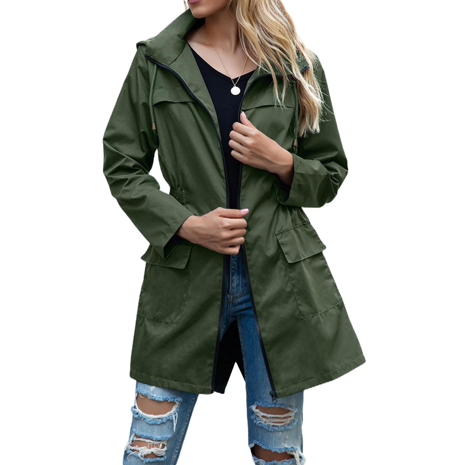 WZTYYDS Women Trench Raincoat with Hood Ladies Lightweight Windproof Windbreaker Light Rain Jacket Waterproof Active Outdoor (Dark Green, M)