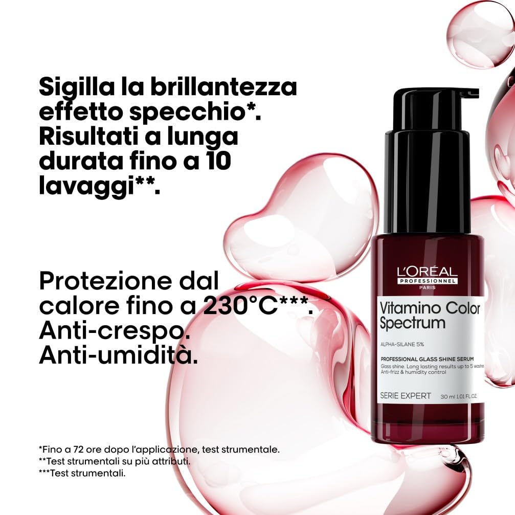 L'Oréal Professionnel Siero Glass Shine Anti Crespo, Termoprotettore per Capelli Luminosi, Vitamino Color Spectrum, 30ml