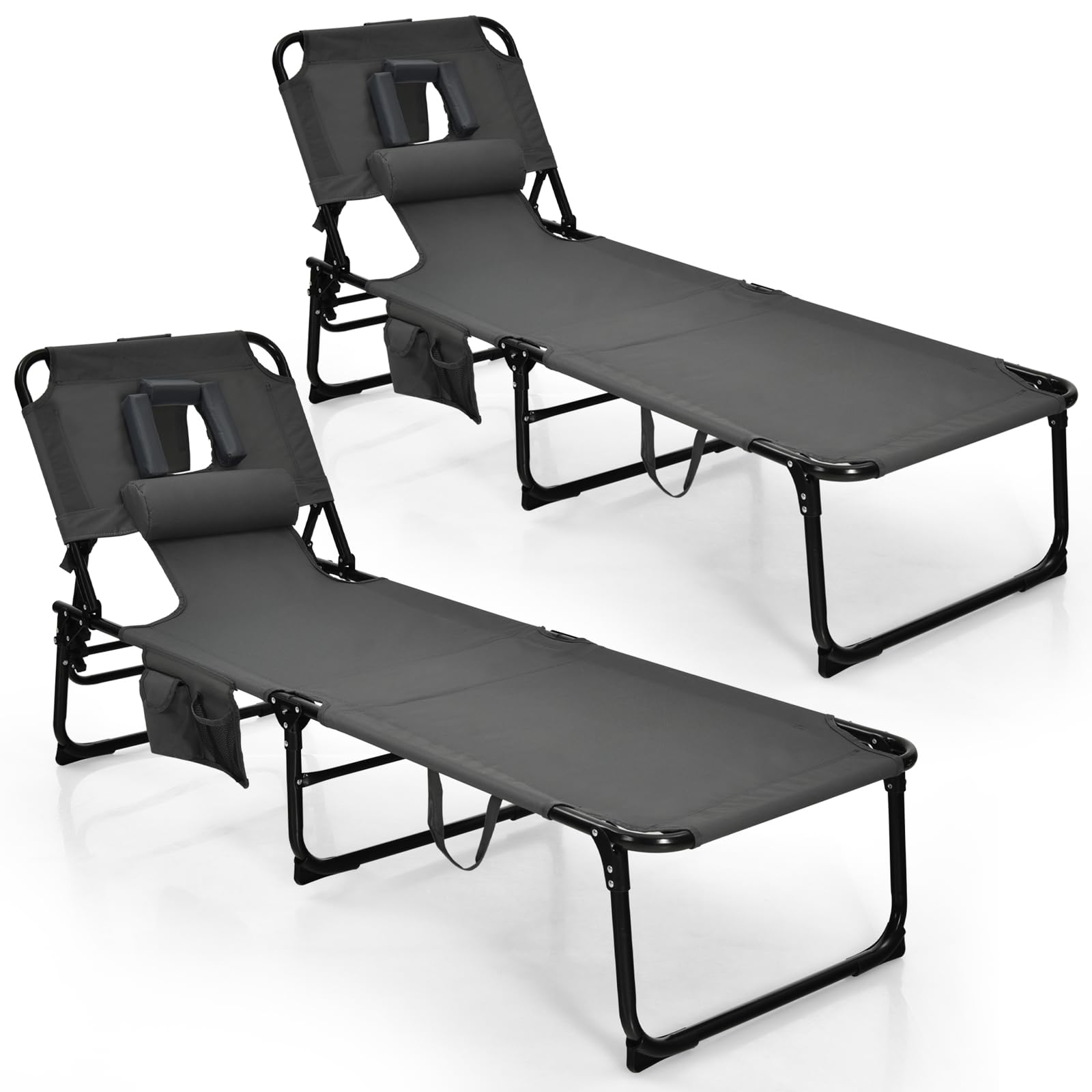 COSTWAY Folding Beach Lounge Chair, Tanning Chair with Face Hole, 5-Position Adjustable Backrest, Pillow & Side Pocket, Foldable Chaise Lounge Chair