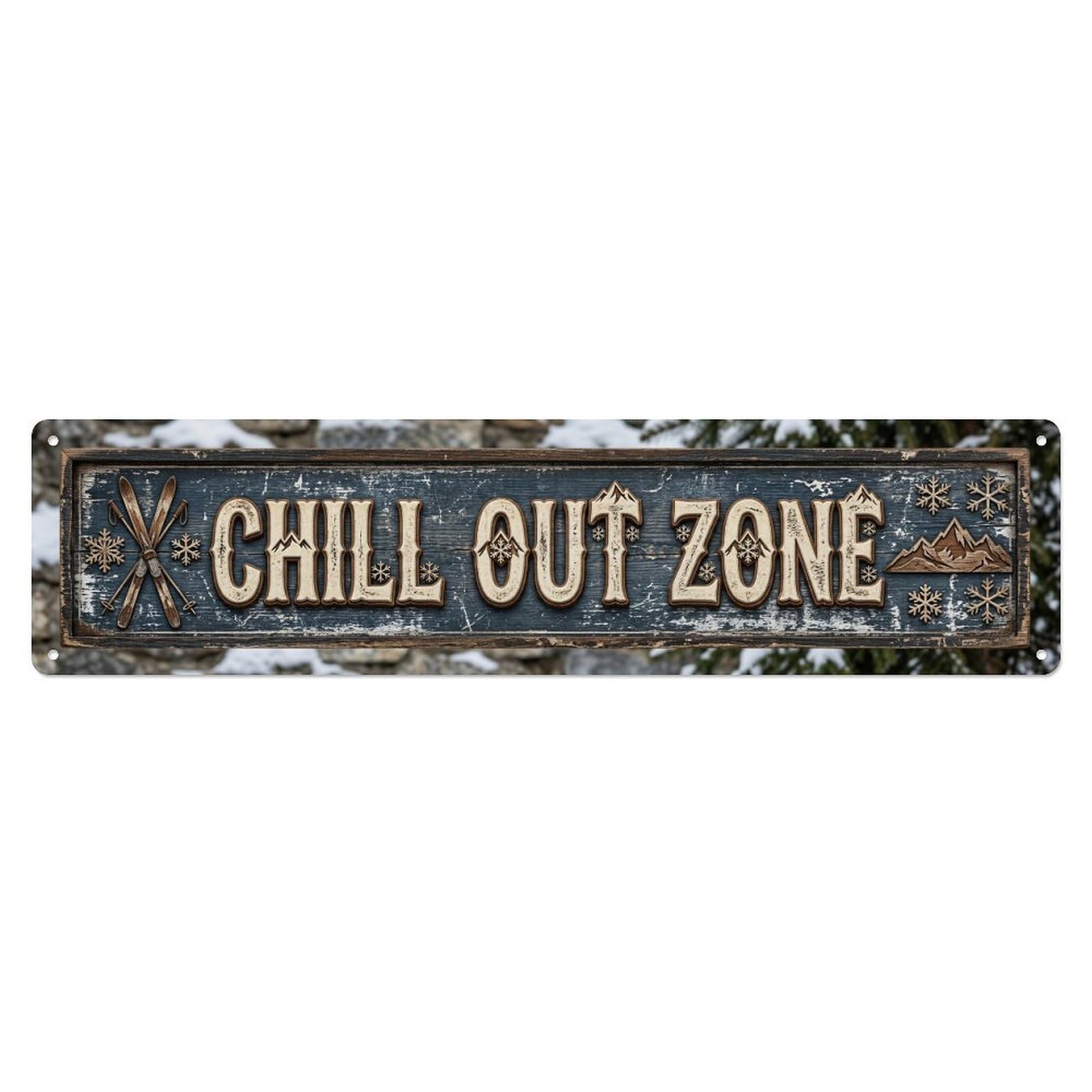 Chill Out Zone Worn Ski Chalet 2 Metal Tin Skinny Sign Plaque Wall Decor for Cafe, Club Bar, Office, Home Garden Metal Poster 4x16Inch