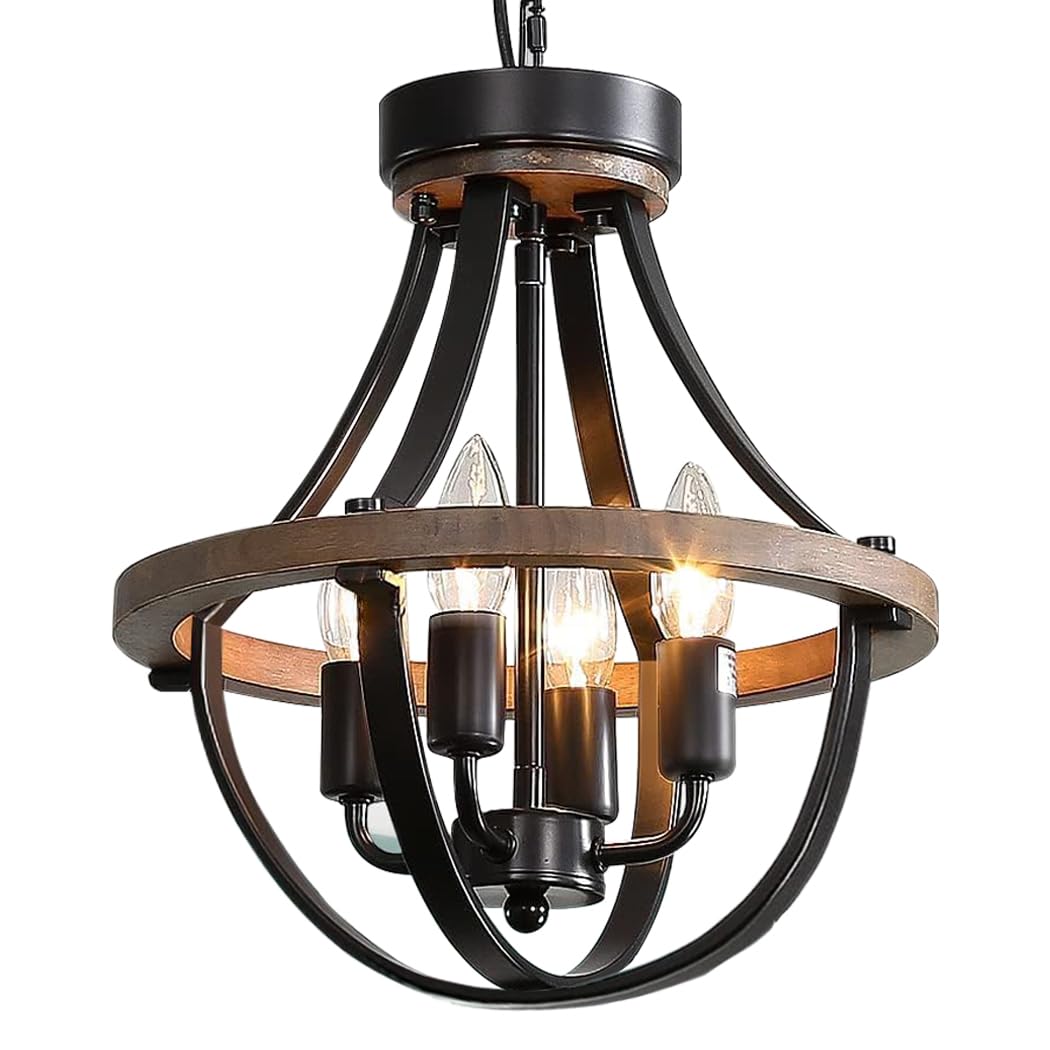 Threebro Chandeliers，Farmhouse Ceiling Chandelier Wood Black Modern Rustic Hanging Pendant Light ...