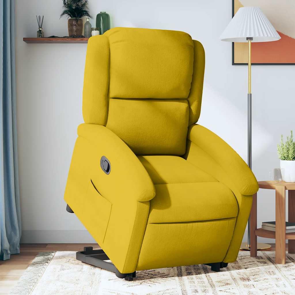 Fauteuil rehausseur inclinable jaune en velours avec moteur électrique et fonction manuelle, assise rembourrée et cadre stable pour un maximum de 110 kg, confortable avec dossier