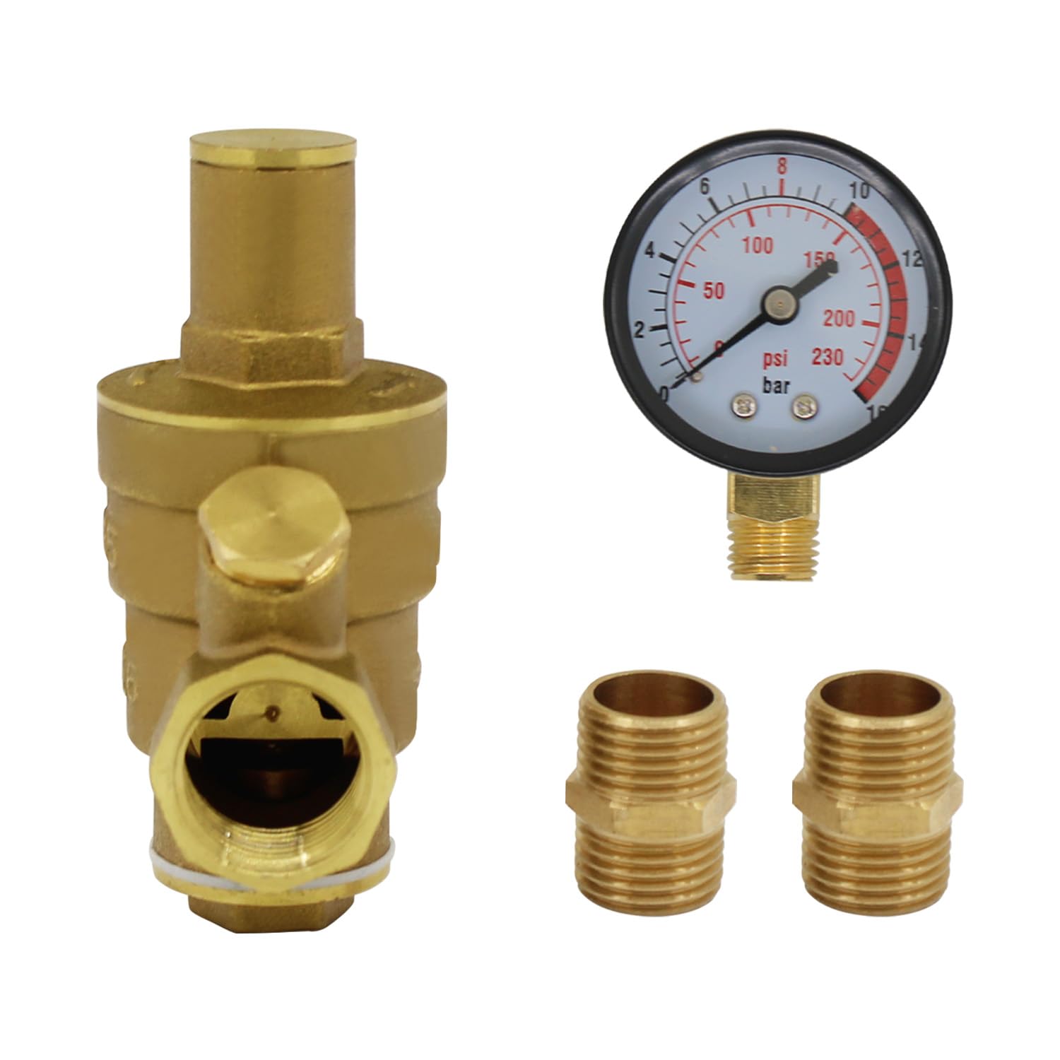 DN15 DN20 DN25 DN32 BSPPajustable latón agua flujo válvula reductora presión con manómetro - hembra 1/2 3/4 1 1-1/4 pulgada (DN32 con conector 2pcs)