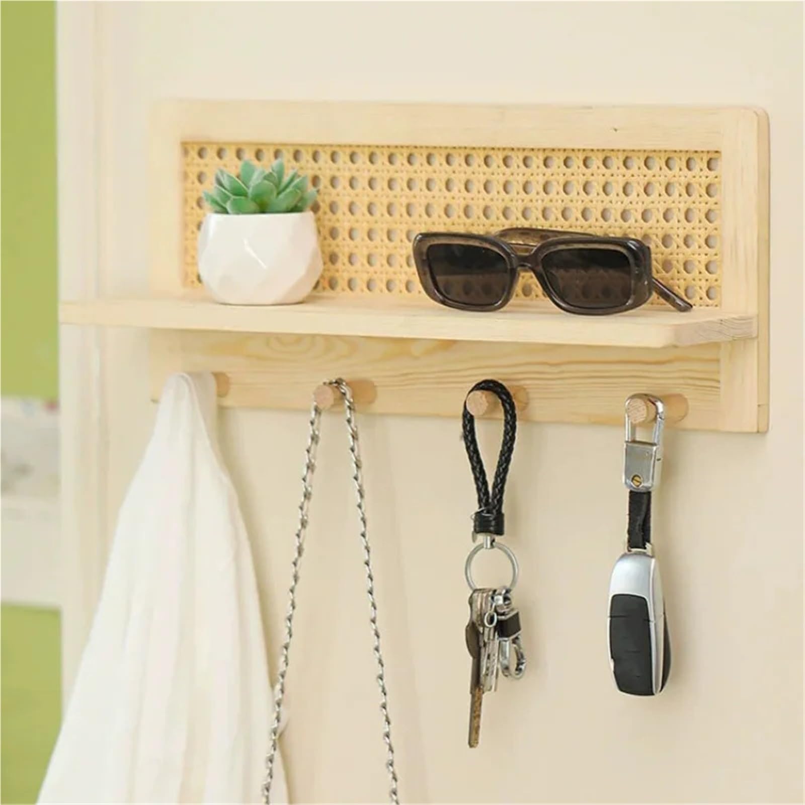 Porte Clef Mural Porte-clés mural tissé à la maison, support de rangement en rotin et bois massif, porte-livres journaux