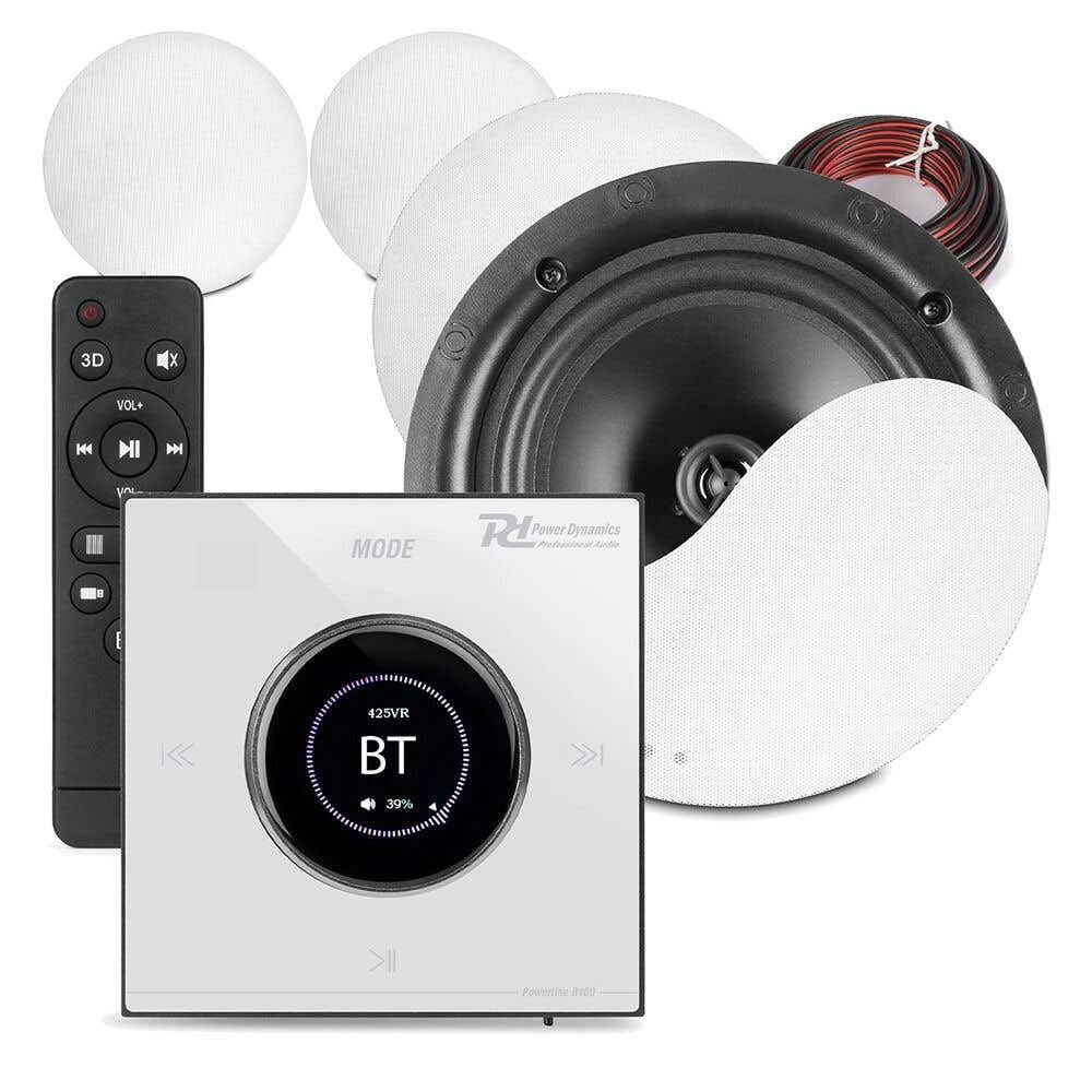 Power Dynamics B100W Bluetooth Deckenlautsprecher 4er Set - 4X Einbaulautsprecher 6,5" Weiß – 100 Watt Verstärker Weiß – Unterputzradio, 55mm Tief - Radio, USB & SD für Wohnzimmer, Büro, Gastro