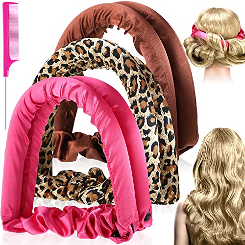 Juinte 4 Pieces Heatless Curl Ribbon No Heat Styles Hair Curlers Styling Kit with Carbon Fiber Tail Comb for Women Girls Long Hair Styling Tools (Leopard Print, Solid Color)