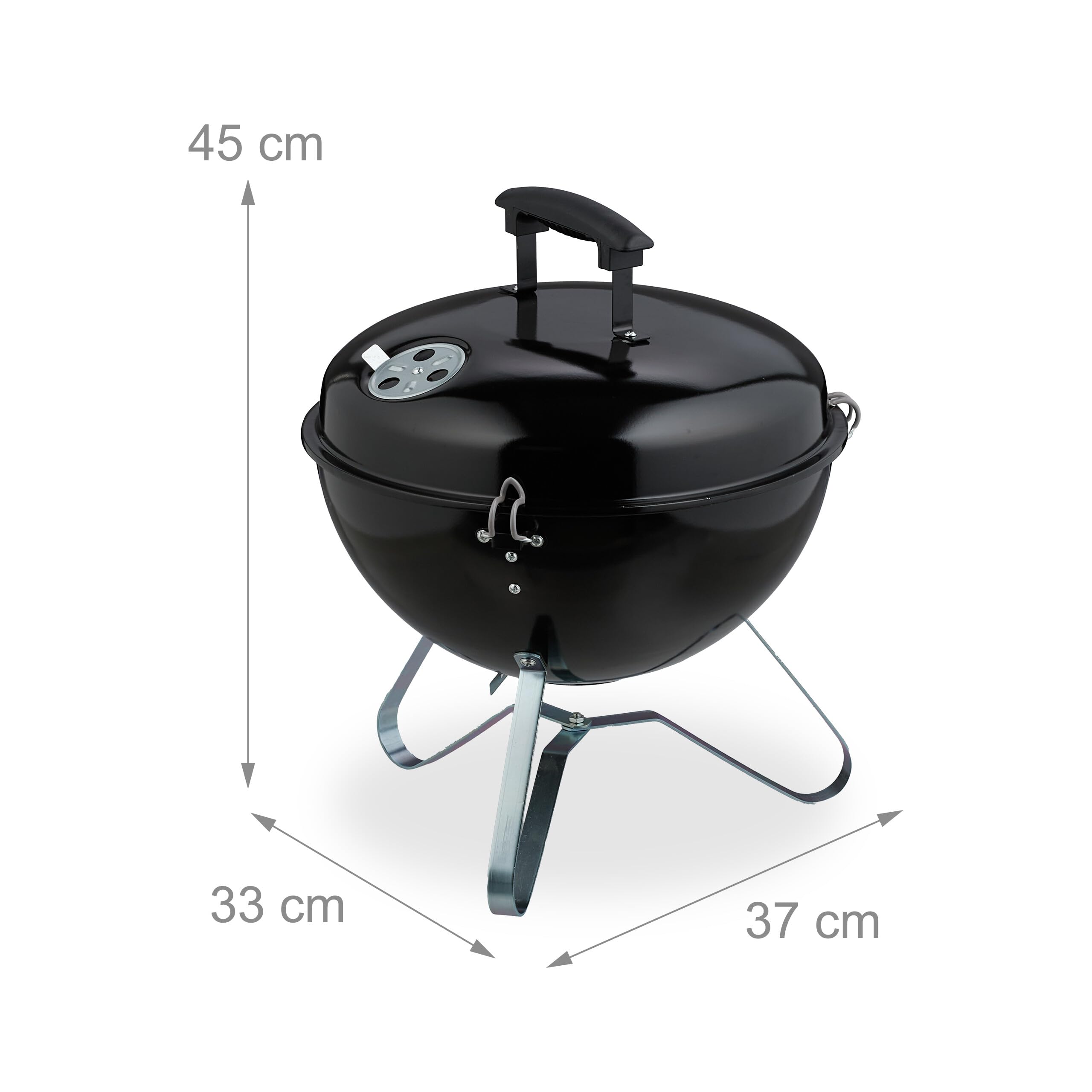 Relaxdays Grill kulisty, przenośny, Ø 37 cm, grill piknikowy do ogrodu i parku, grill na węgiel drzewny z pokrywką, okrągły grill, czarny