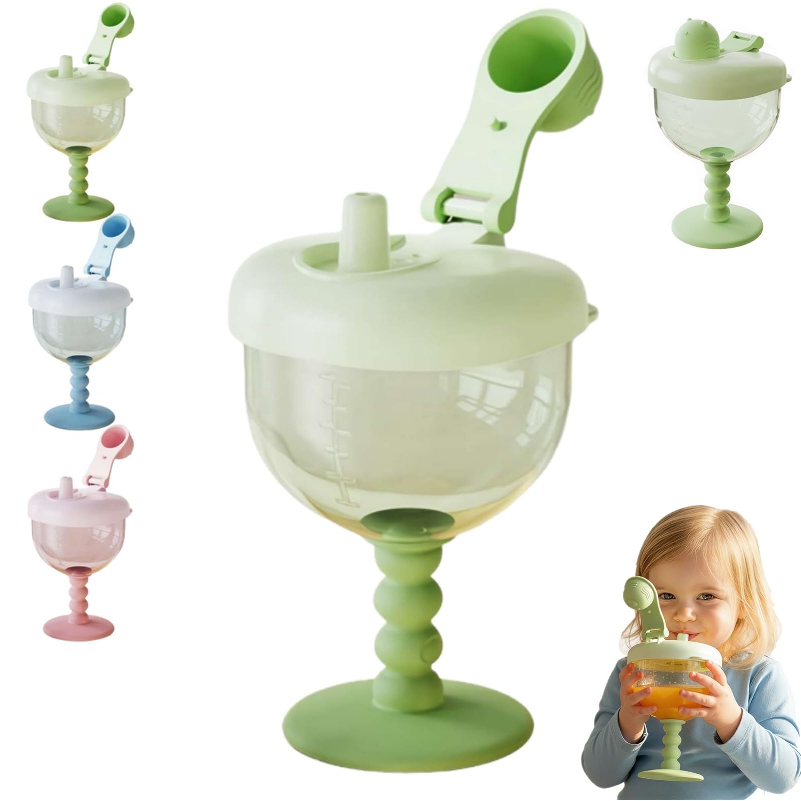 Cute No-Spill Goblet Cup with Lid for Kids, Leak-Proof Plastic Wine Sippy Cup and Toddler Beverage Mug, Shatter-Resistant Baby Drinking Bottle for Birthday Parties, Home and Outdoor Travel