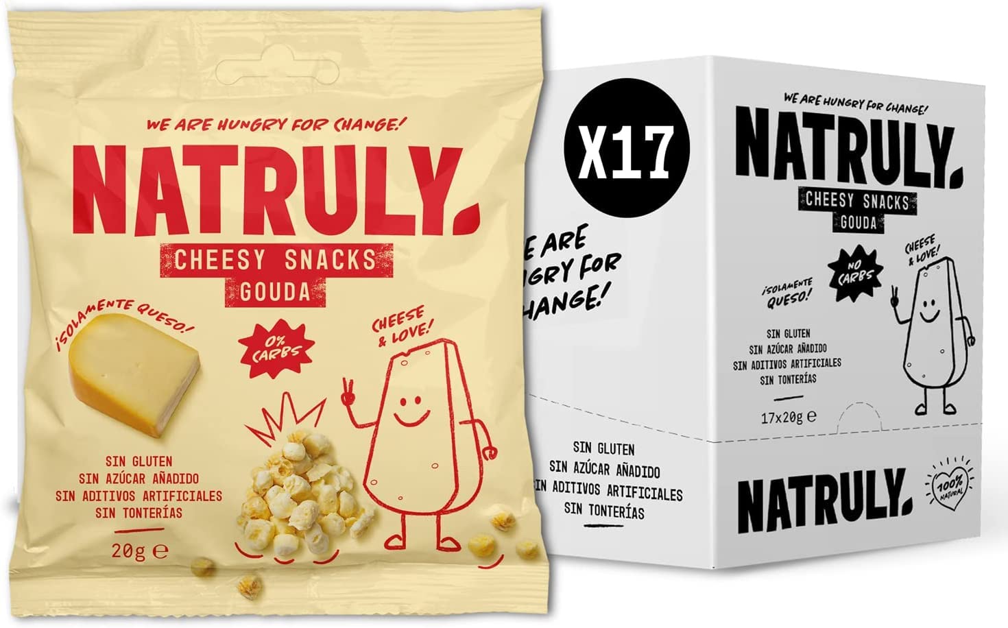 Natruly Cheesy Snacks - Bolitas de Queso Crujiente 0% Carbs, Sin Gluten, 100% Queso -Pack 17x20 g