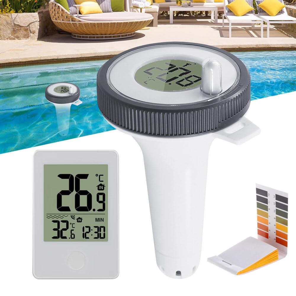 Thermomètre Piscine Connecté, TGKYK Thermomètre Piscine Flottant avec Température Ambiante, Fonction Horloge, Papier PH, Thermometre Piscine Sans Fil, Thermometre Piscine Digital pour Piscine