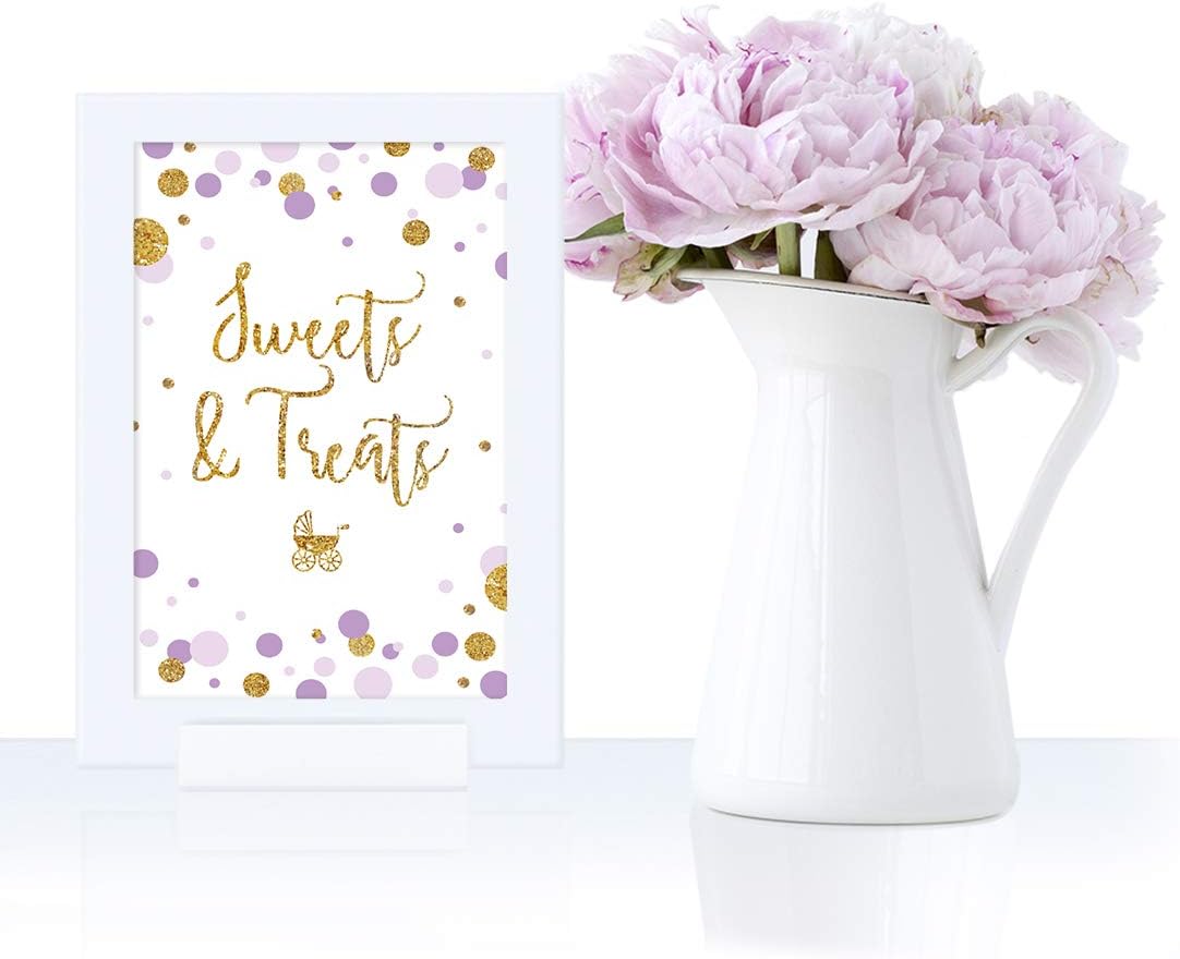 Andaz Press Lavender Gold Glitter Girl Baby Shower Party Collection, Framed Party Sign, Sweets & Treats Table Signage, 4x6-inch, 1-Pack, Includes Frame