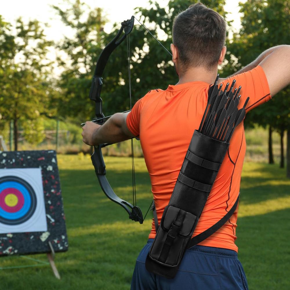 MiOYOOW Archery Quiver, Adjustable Arrow Bag Back Arrow Case with Tactical Webbing & Hook and Loop Fastener for Hunting Shooting Training