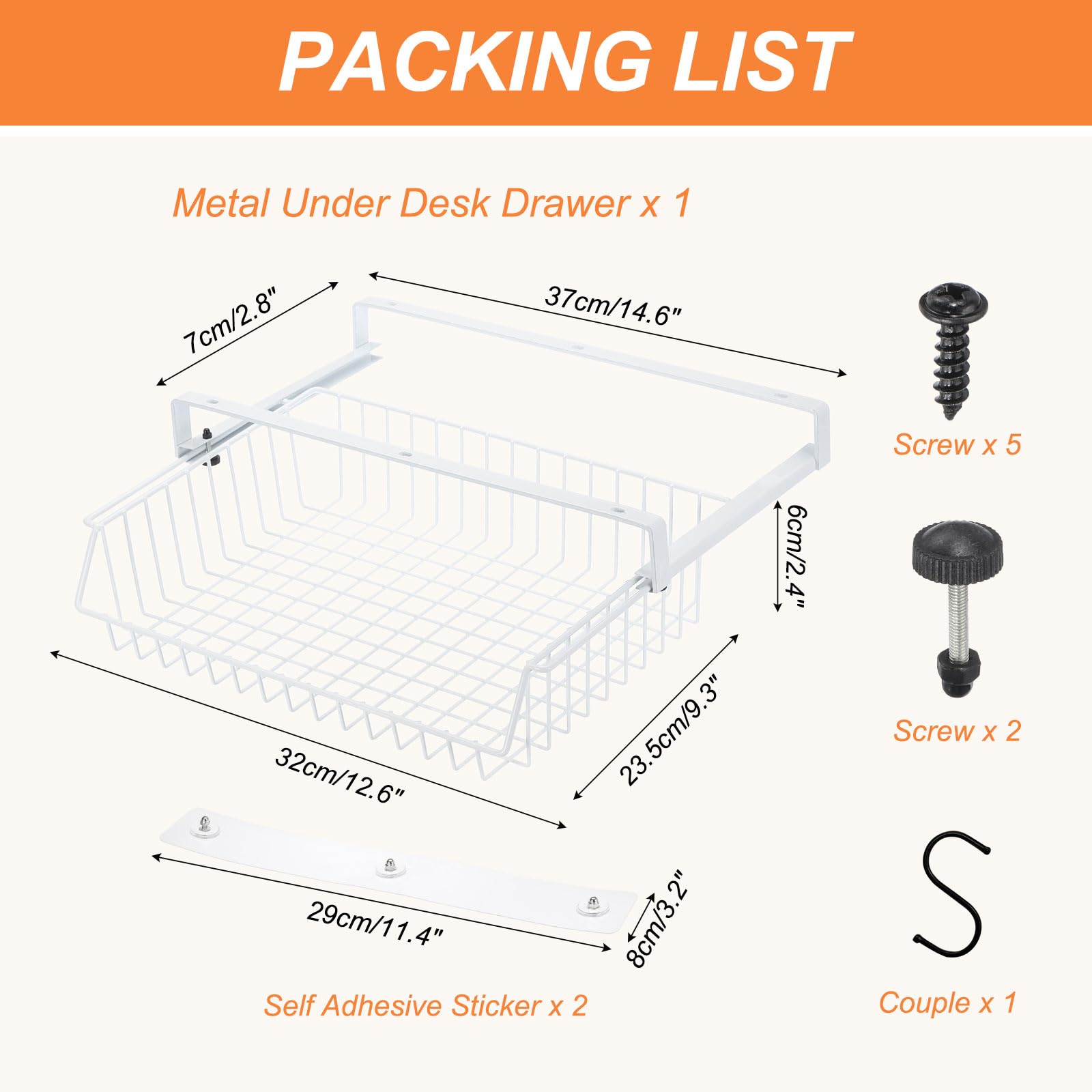 YOKIVE Organizer da scrivania da posizionare sotto la scrivania, con cassetto in metallo, autoadesivo, organizer da scrivania e accessori per casa, cucina, ufficio, bianco