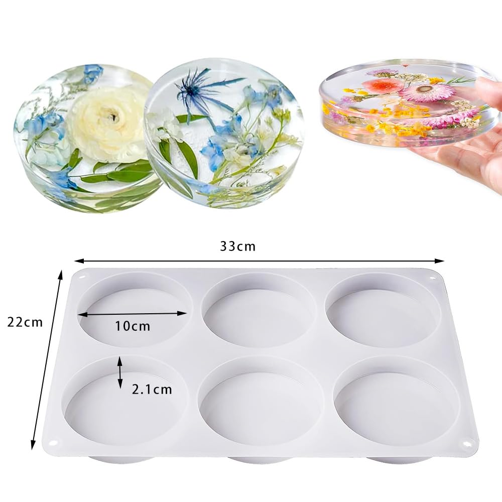Moules en Résine Grands Moules en Silicone à 6 Cavités Moules Ronds en Silicone pour Dessous de Verre en Résine, Résine époxy, Décoration de la Maison