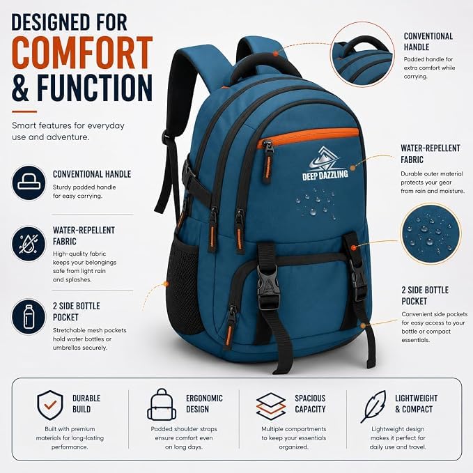 Image of Large 40L Laptop Backpack For Men & Women With Bottle Pocket | Padded Shoulder Straps, Multi Compartments | Travel & College Bag | Water-Repellent,