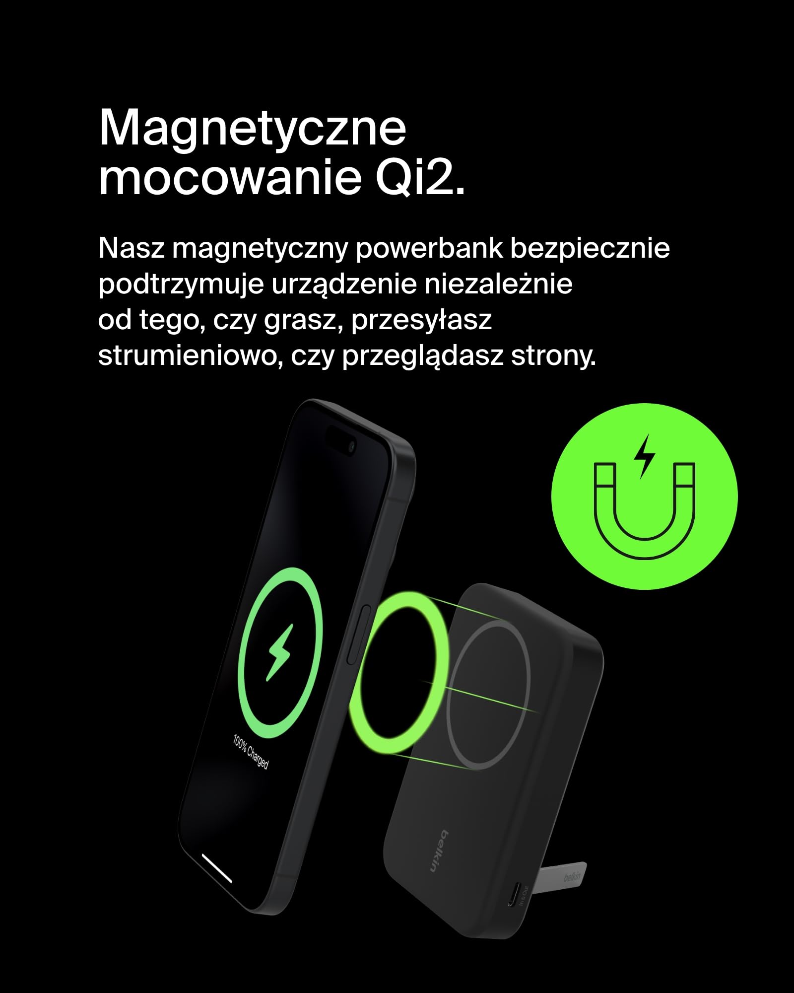 Belkin Bezprzewodowy powerbank BoostCharge Pro 8000 mAh z Qi2, ładowarka zgodna z MagSafe + rozkładana podstawka – do telefonów iPhone 16, 16 Plus, 16 Pro, 16 Pro Max, iPhone 15 i innych – czarny, 8K