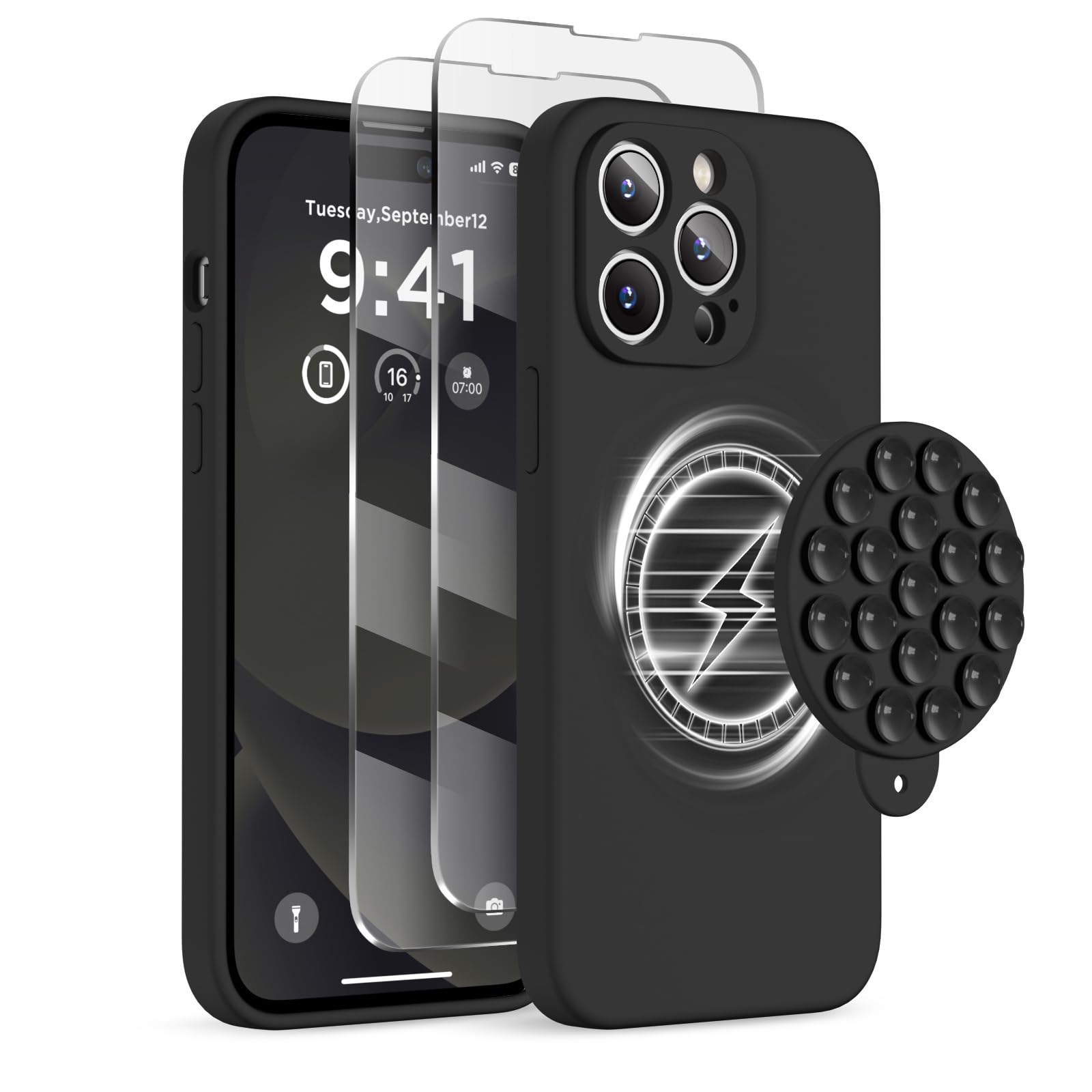 HSAOHD Magnetic for iPhone 14 Pro Max Case, Compatible with MagSafe, [Full Camera Protection][2 Screen Protectors], Suction Cup Phone Mount Silicone