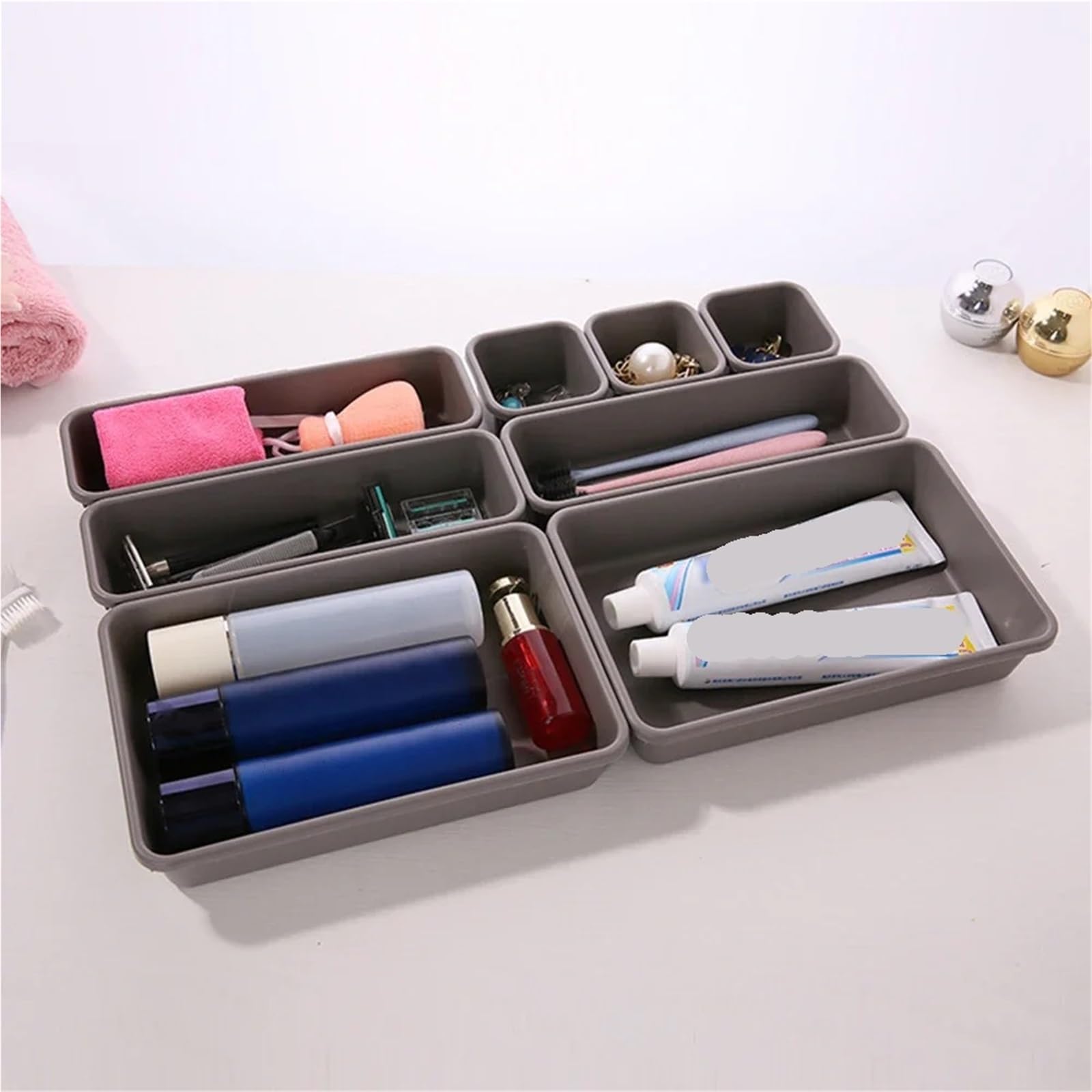 8 bandejas organizadoras de cajones ajustables for cocina, baño, armario, maquillaje, cosméticos, artículos diversos, divisor, soporte for joyas Para Escritorio(Khaki)
