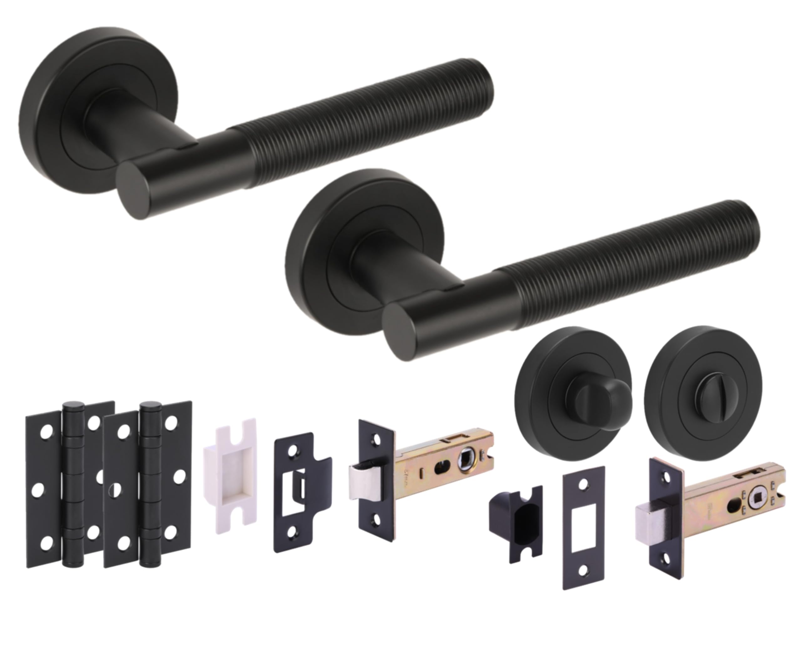 Hunta Black Matt Handlezone® Halo Ring Knurled Door Handles On Rose Bathroom Deadbolt Pack With Standard Turn Set, 76Mm Lock And Latch, 75Mm Ball Bearing Hinges