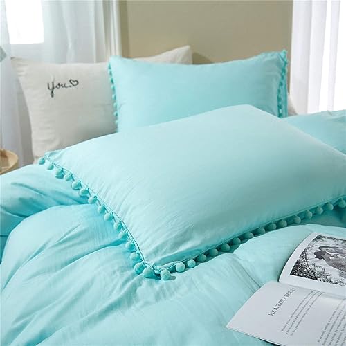 Miniatura 3 de ETDIFFE Juego de funda de edredón con pompones, color turquesa, tamaño Queen, 3 piezas, color aguamarina, bohemio, bohemio, de microfibra, funda de