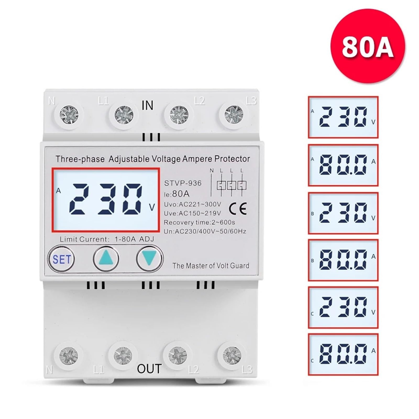 Heavy Load 80A 380V Three Phase 4 Wires Adjustble Voltage and Current Protector Voltage Protection Relay 1Pcs