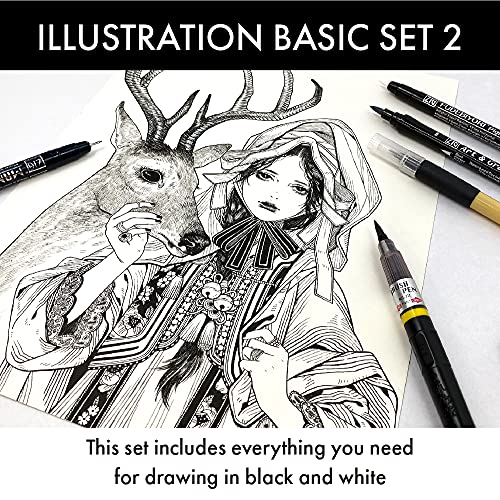 Kuretake Zig Inktober Special Set, Illustration Basic Set 2, 4 Black Markers And 1 White Brush Pen, For Manga Drawing, Lettering And Calligraphy, Professional Artist Quality, Made In Japan #TOP5