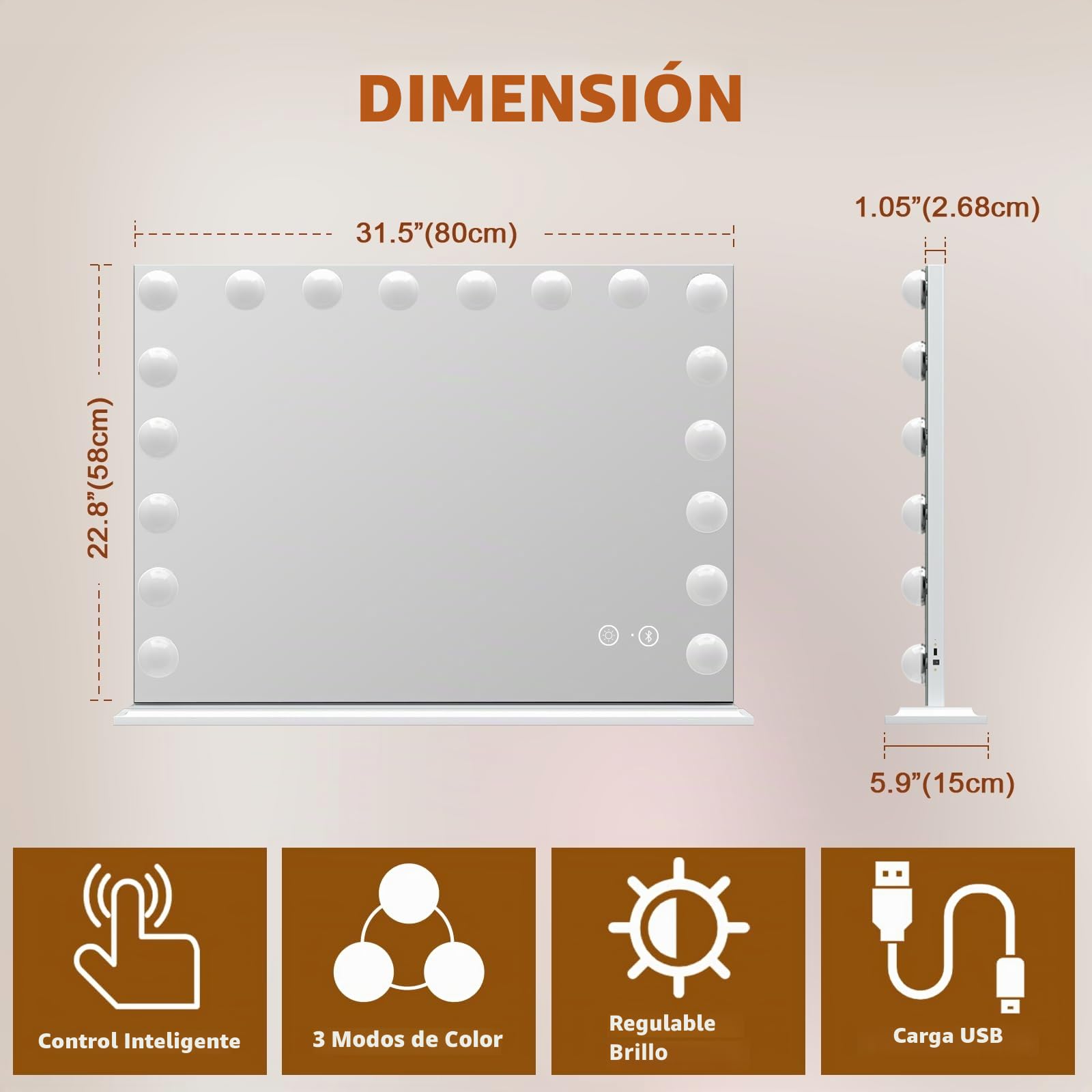 FENCHILIN Espejo Grande de Pared, de Maquillaje con Altavoz. Tocador con 18 Lámparas LED Regulables Puerto de Carga USB. Hollywood con Luz de Mesa 80x58cm
