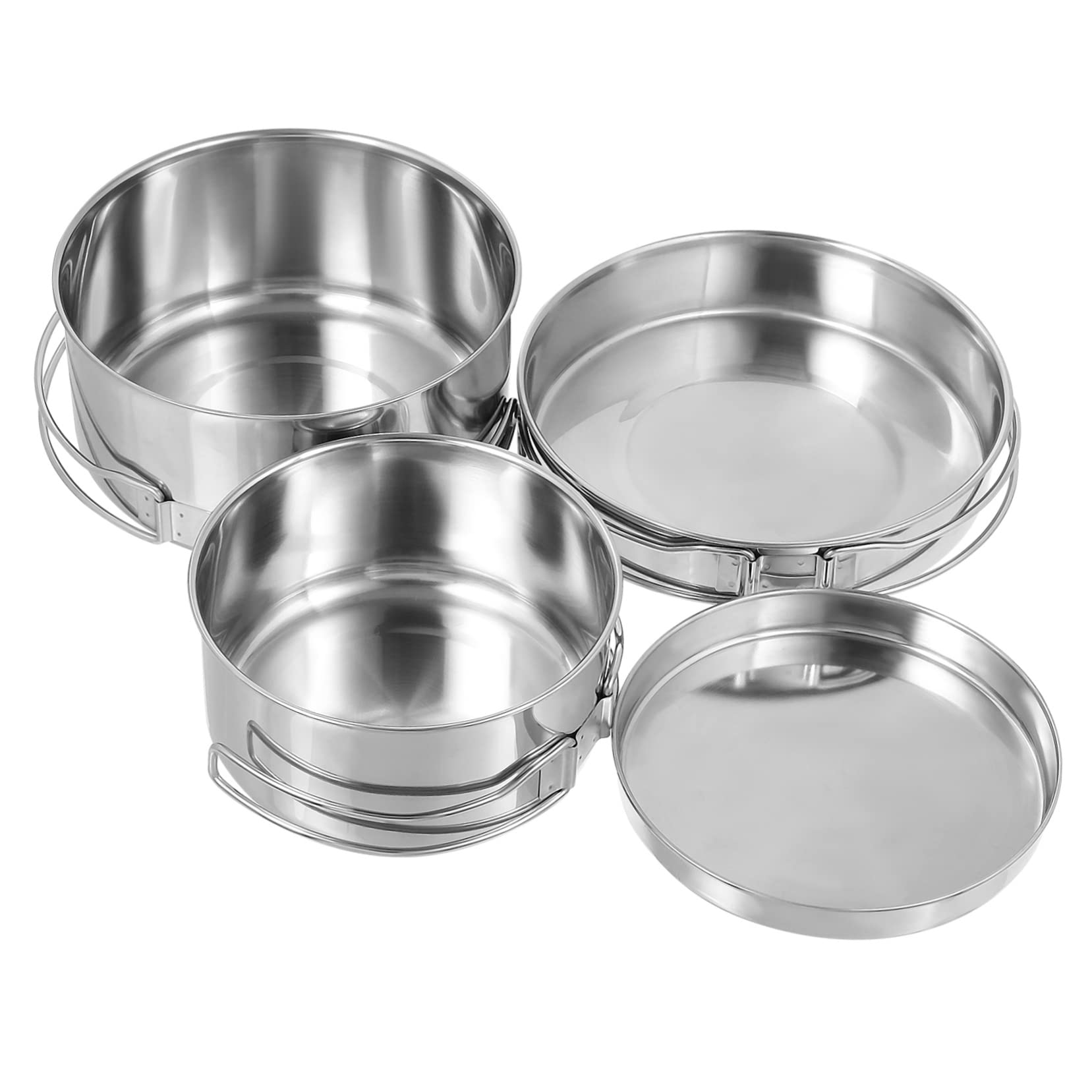 NAMOARLY 4Pcs Stackable Stainless Steel Camping Pot and Pan Set Non Stick Cookware for Outdoor Cooking for Picnics and Camping Space Saving Design Easy to Clean Cookware Set