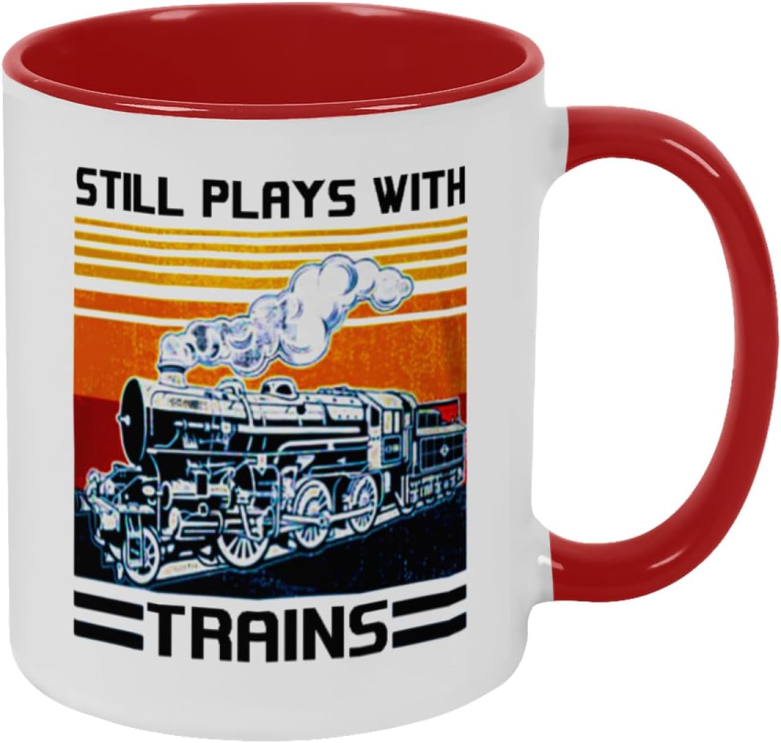 (Bidding on 4 assorted mugs *see photos*) Funny Coffee Mug Still Plays With Trains Mug Model Railroad Locomotive Cup, TrainRailroad Gift, Train Memorabilia Mugs,Birthday, work, holidays, Christmas Gifts Red Internal And Red Handle 11oz mug