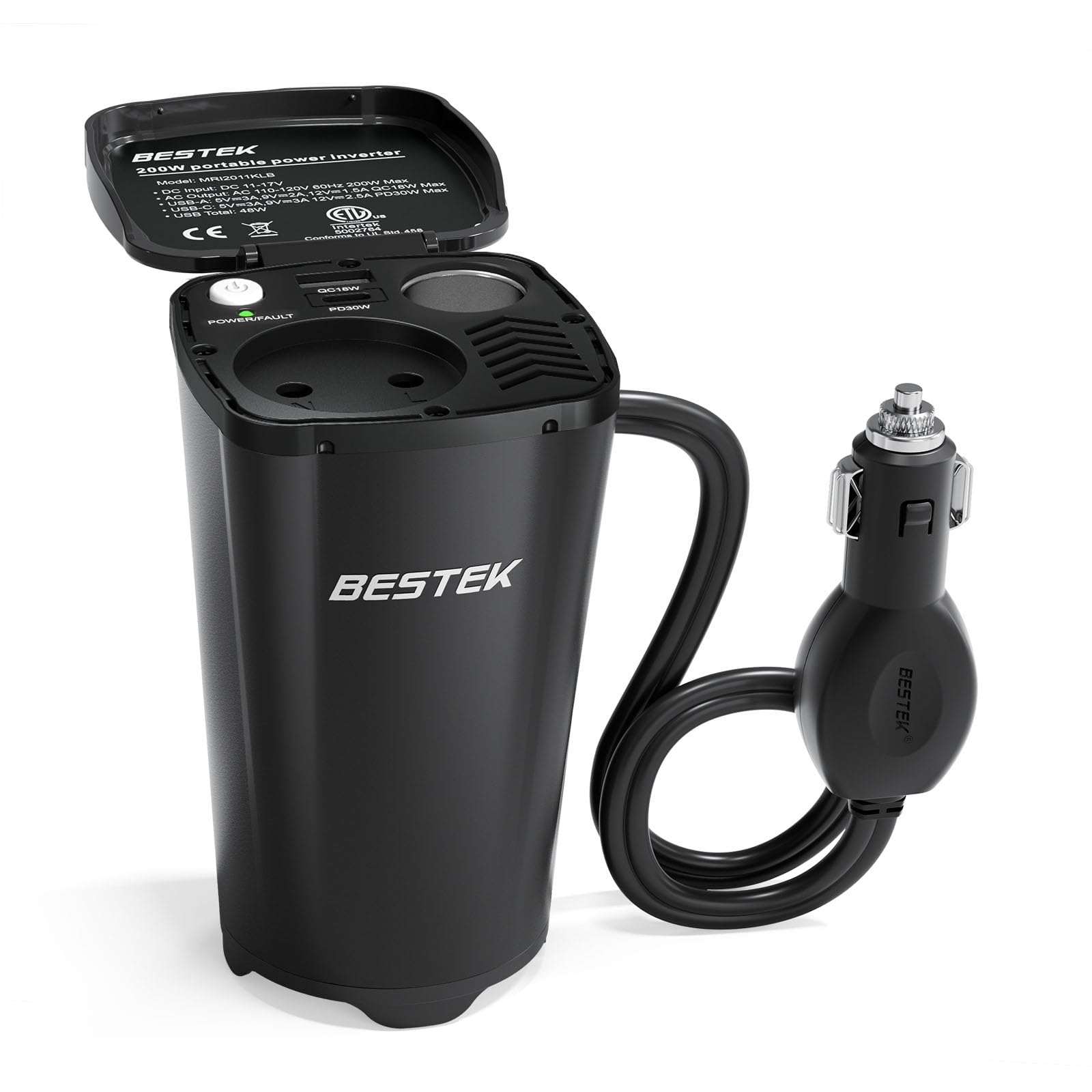 BESTEK Inversor de corriente para coche de 200 W: inversor de voltaje en forma de taza de 12 V CC a 230 V CA, con 2 puertos USB y adaptador de encendedor de cigarrillos para coche/viaje, compacto y