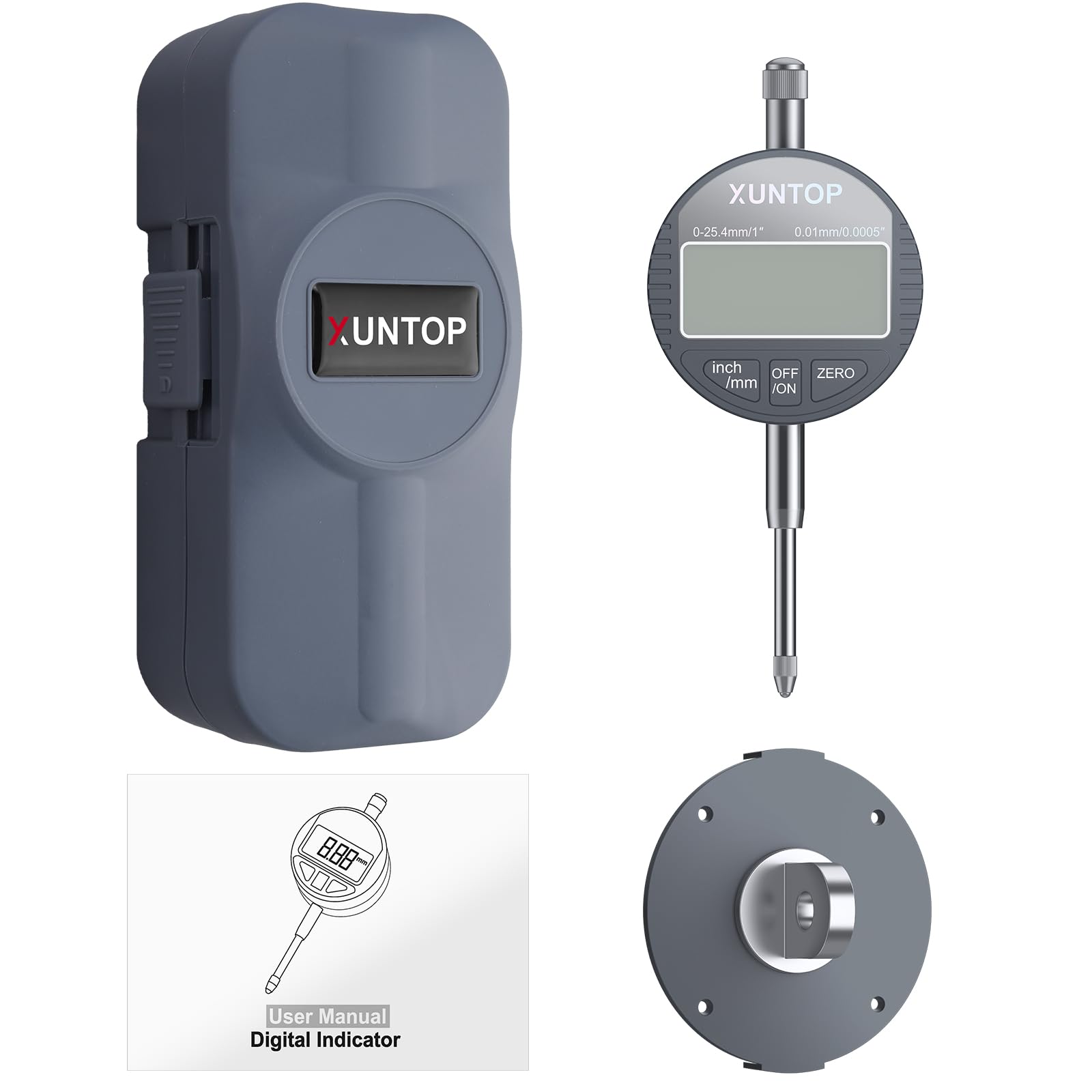 XUNTOP Comparatore Centesimale Digitale 0-25.4mm/1" Supporta Commutazione mm/pollice Indicatore Digitale DTI con Sonda Digitale 25.4mm Misuratore Digital Precisione 0.01mm per Stampanti 3D, Tornio