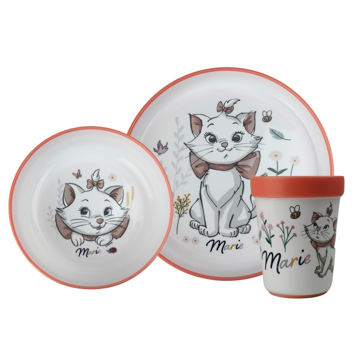 Disney Baby Aristocats Marie, 3-teiliges Set mit Bechern, großer Teller, rutschfest, leicht, praktisch, ab 10 Monaten, Weiß