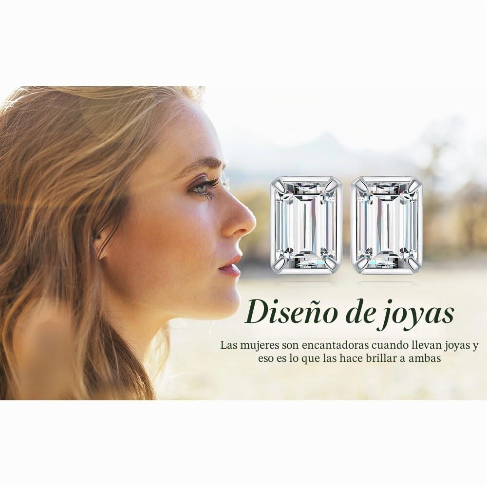 JewelryPalace Pendientes Mujer Plata 1ct Moissanita Corte Esmeralda Clásicos, Pendientes Solitario Tuerca con Piedras Plata/Oro/Oro Rosa Diamante Simulado, Pendientes en un Conjunto Joyas para Novia