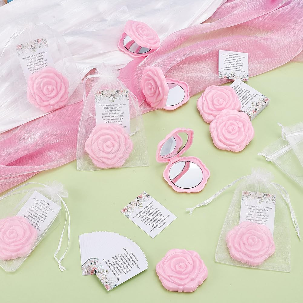 PH PandaHall 50 Sets Brautparty-Gastgeschenke, Rose, kompakter Spiegel, Hochzeitsgeschenke, Organza-Geschenkbeutel, rosa Taschenspiegel mit Dankeskarten für Gäste, Verlobungszeremonie, Brautjungfern
