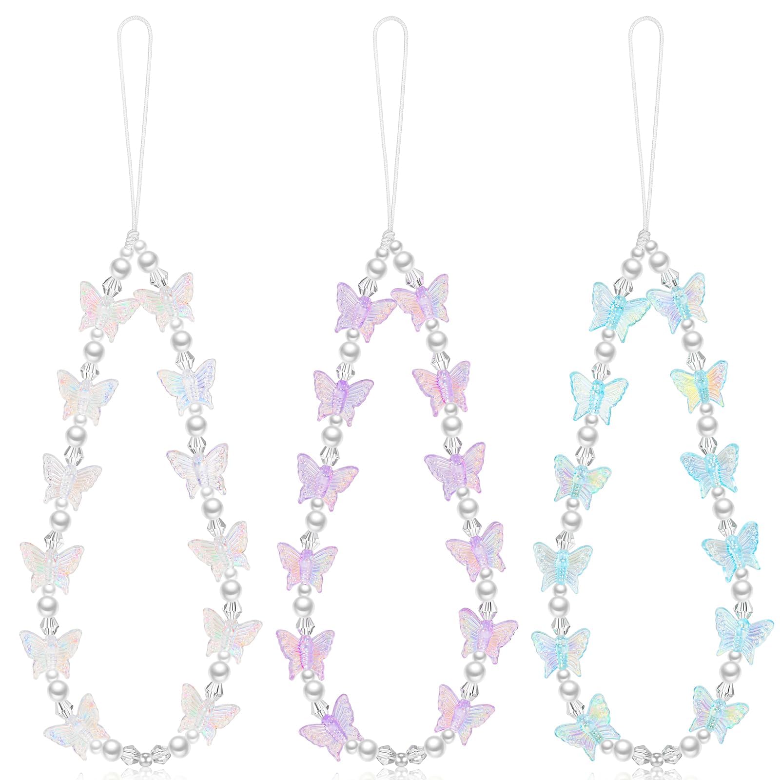 Azonee 3 Pcs Butterfly Beaded Phone Strap, Y2K Beaded Strap Lanyard Wrist Cute Phone Chain Aesthetic Strap Charm for Women Girls