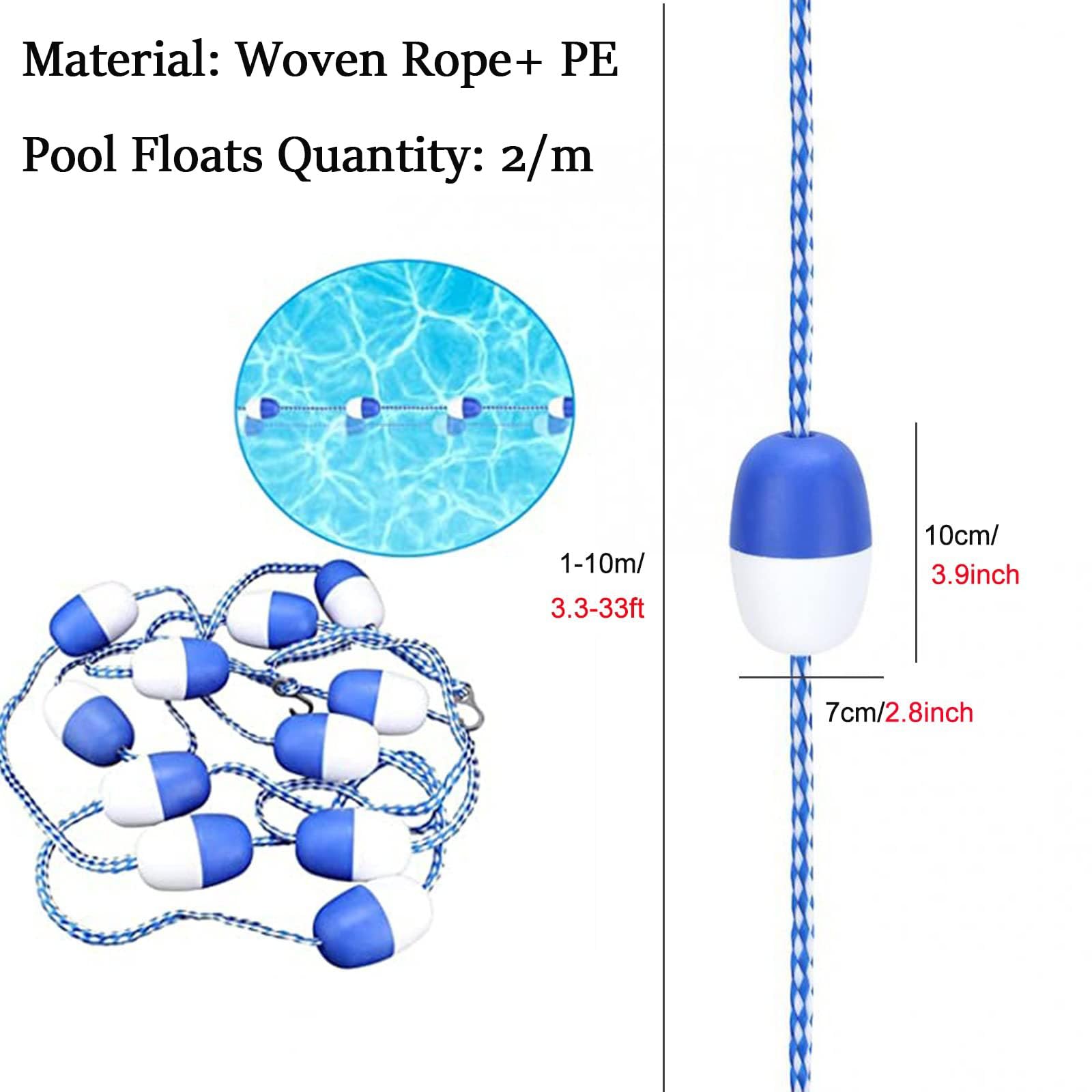 Generico Divisori per corsie da Piscina da 18 Piedi con galleggianti, Corda di Sicurezza per Piscina, Ganci Resistenti per corsie con Palline galleggianti, Ideali per Allenamento di Nuoto e Accessori