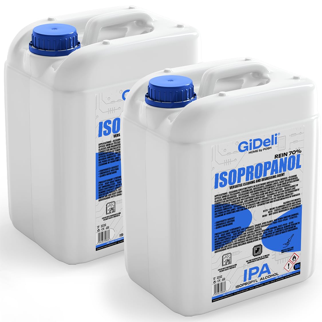 GiDeli Isopropanolo, 70%, 2 x 10 litri, alcool isopropilico ad alta percentuale IPA, per la pulizia di componenti elettronici, lenti e schermi