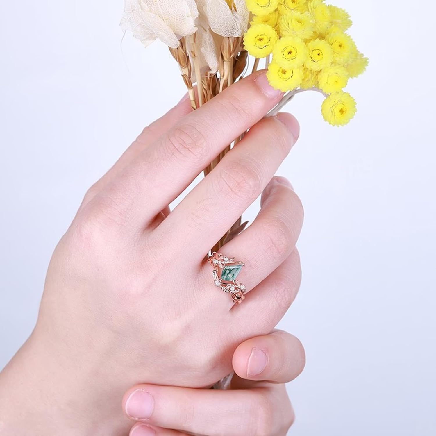 1ct Kite Shape Natural Moss Agate Engagement Ring Set Size 6.5 Sterling Silver Rose Gold Plated Green Moss Agate Unique Bridal Wedding Ring Set for Women - Image 5