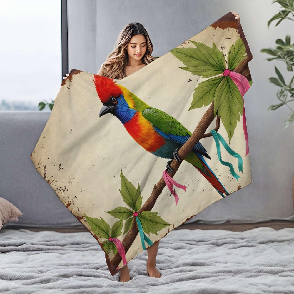 Couverture douce en flanelle oiseau coloré pour vos soirées lecture au salon